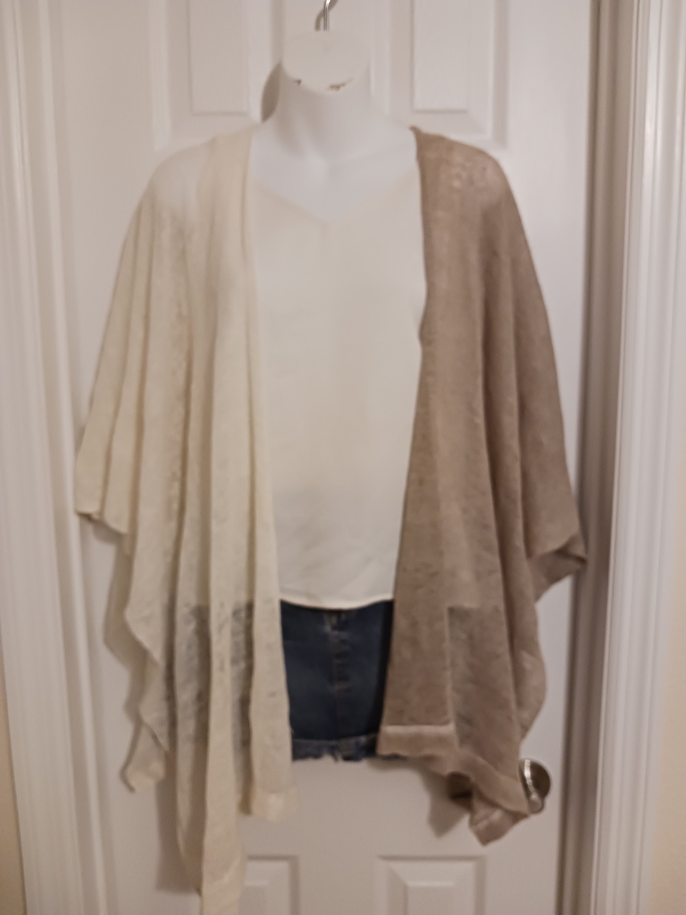 5 For $25! Lightweight Two-Tone Open Front Linen Cardigan - Cream & Taupe OS